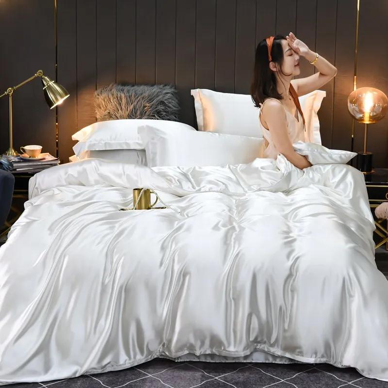 Set de lenjerie de pat din mătase 100% pură, de lux, moale, cearceaf cu pilote și fețe de pernă, set de pat cu husă pentru casă, seturi de lenjerie de pat de calitate, mărime king