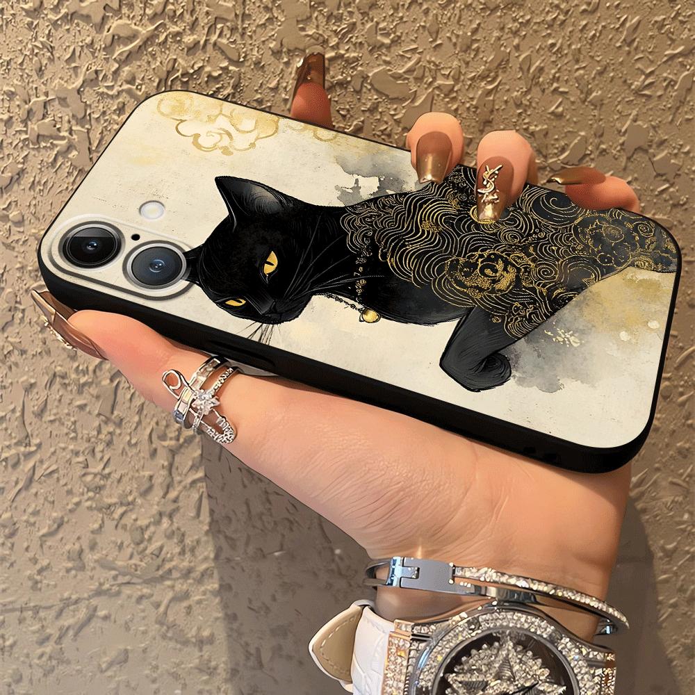 Retro Fox Cat Case for iPhone 17Air XS Max 13 12 11 17 Pro Max XR 7 8 15 16 14 Plus Black Soft Phone Cover