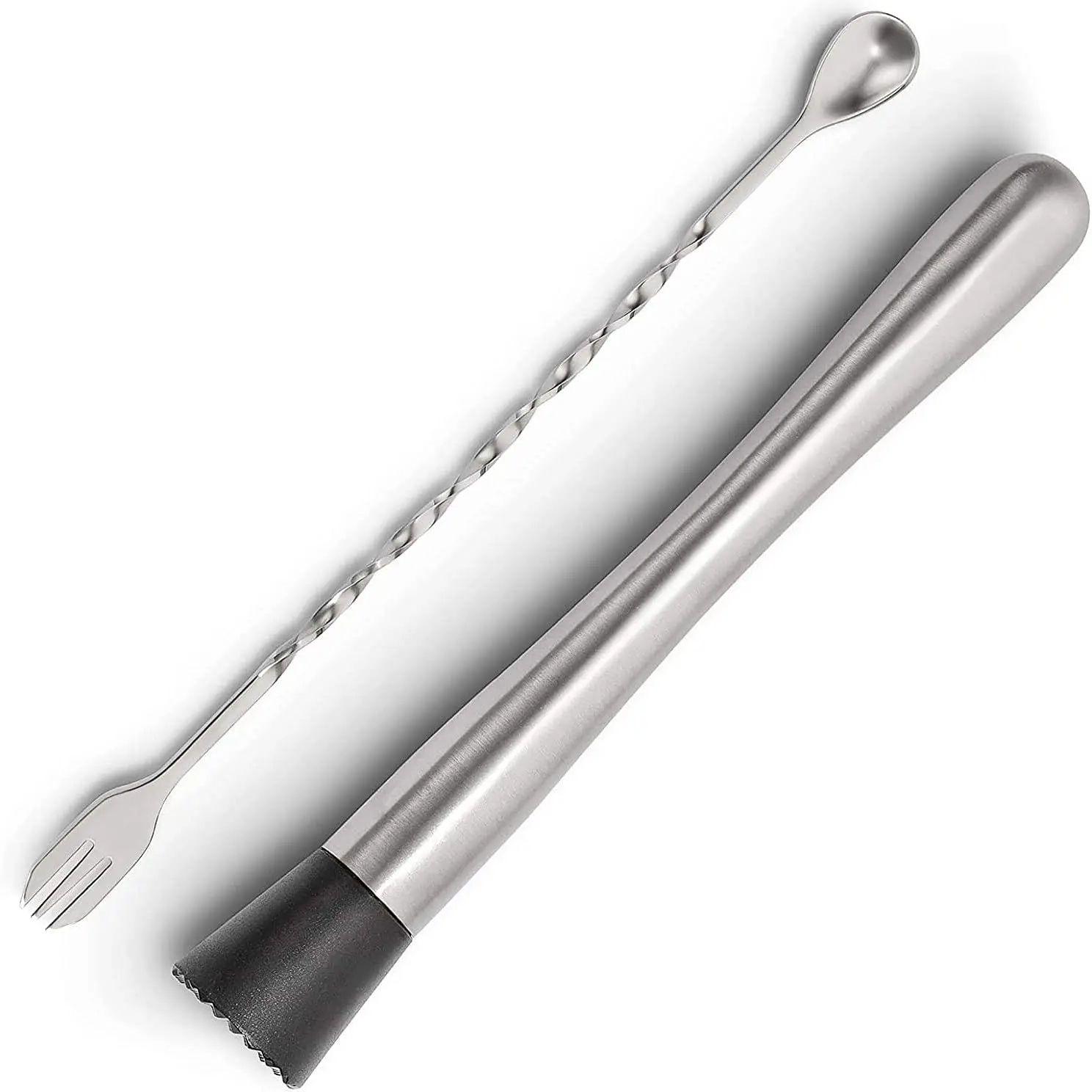2 Pcs Cocktail Muddler and Cocktail Mixing Spoon Bar Tool Set, Making Cocktails Ice Fruit Drinks Stainless Steel Muddler Spoon