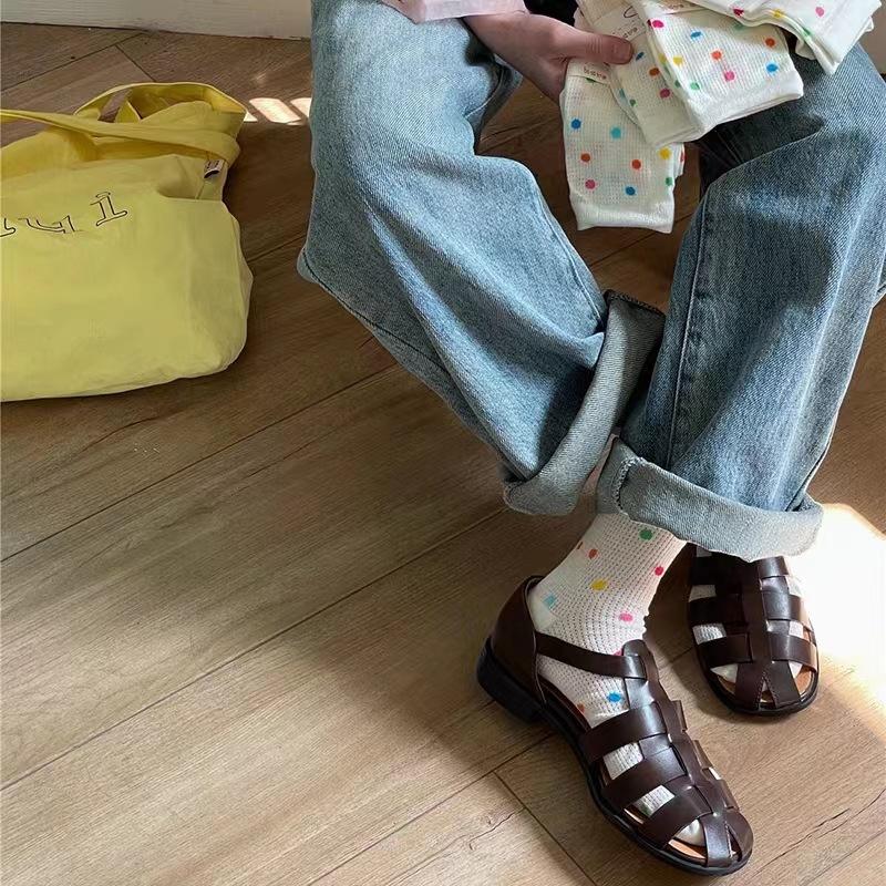 Polka Dot Socks With Hole Slippers Medium Tube Mesh Summer Thin Medium Tube Cotton Breathable Stacking Socks