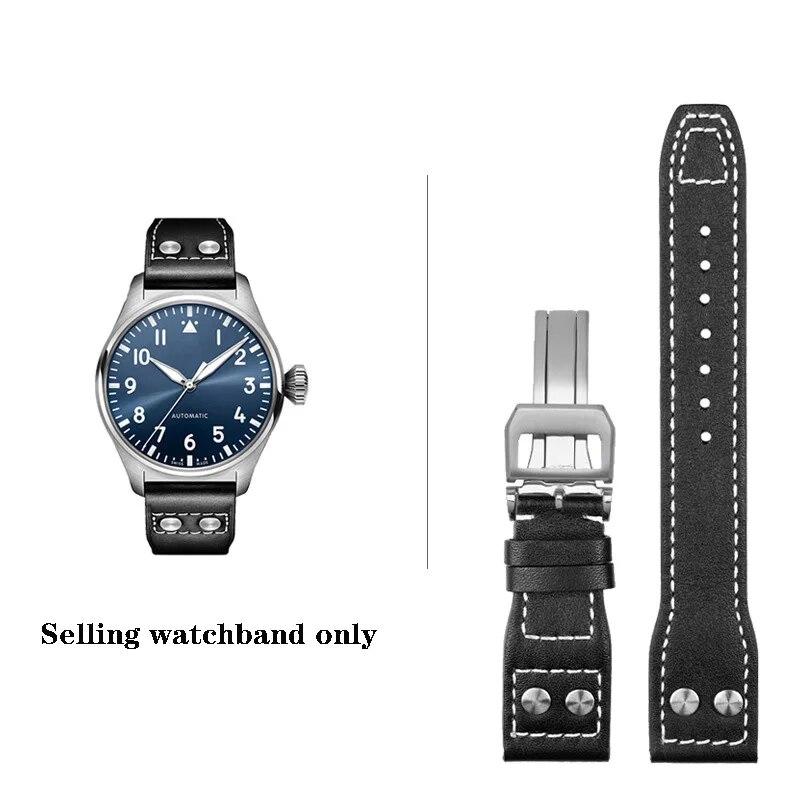 

Ремешок для часов из натуральной кожи высокого качества с заклепками 21 мм 22 мм, подходит для IWC Big Pilot Spitfire TOP GUN, коричневые, синие ремешки для часов из воловьей кожи Black-silver 22mm