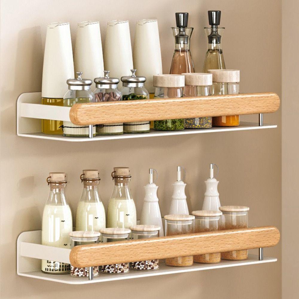 Wooden Material Spice Rack Shelf No Drill Installation Wall Storage Rack  Living Room Use