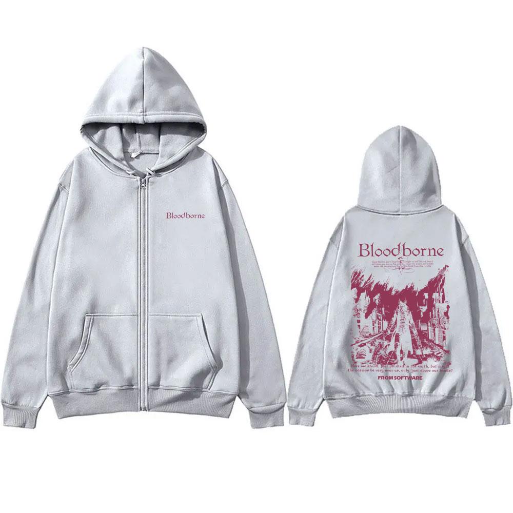 Game Bloodborne Fear The Old Blood Graphic Zipper Hoodie Horror Hunter Zip Up Jacket Men Women Vintage Oversized Zip Up Hoodies