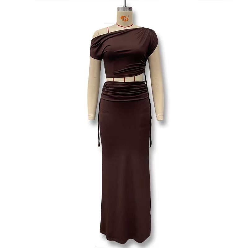 

Western Style New Solid Lace-up Sloping Shoulder Top Split Skirt Two-Piece Set Top and Skirt Set Brown L
