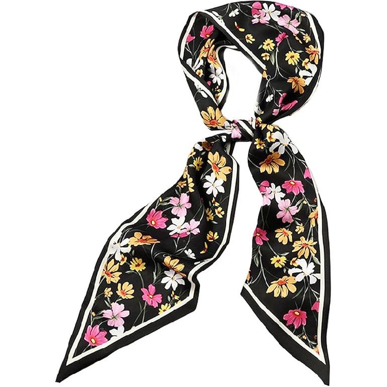 Clysoru Silk Neck Scarf Printed Scarves Head Women S Fashion Oblique Angle Satin Scarfs For Bag Hair 59” X 5.9” Daisy Rice Black