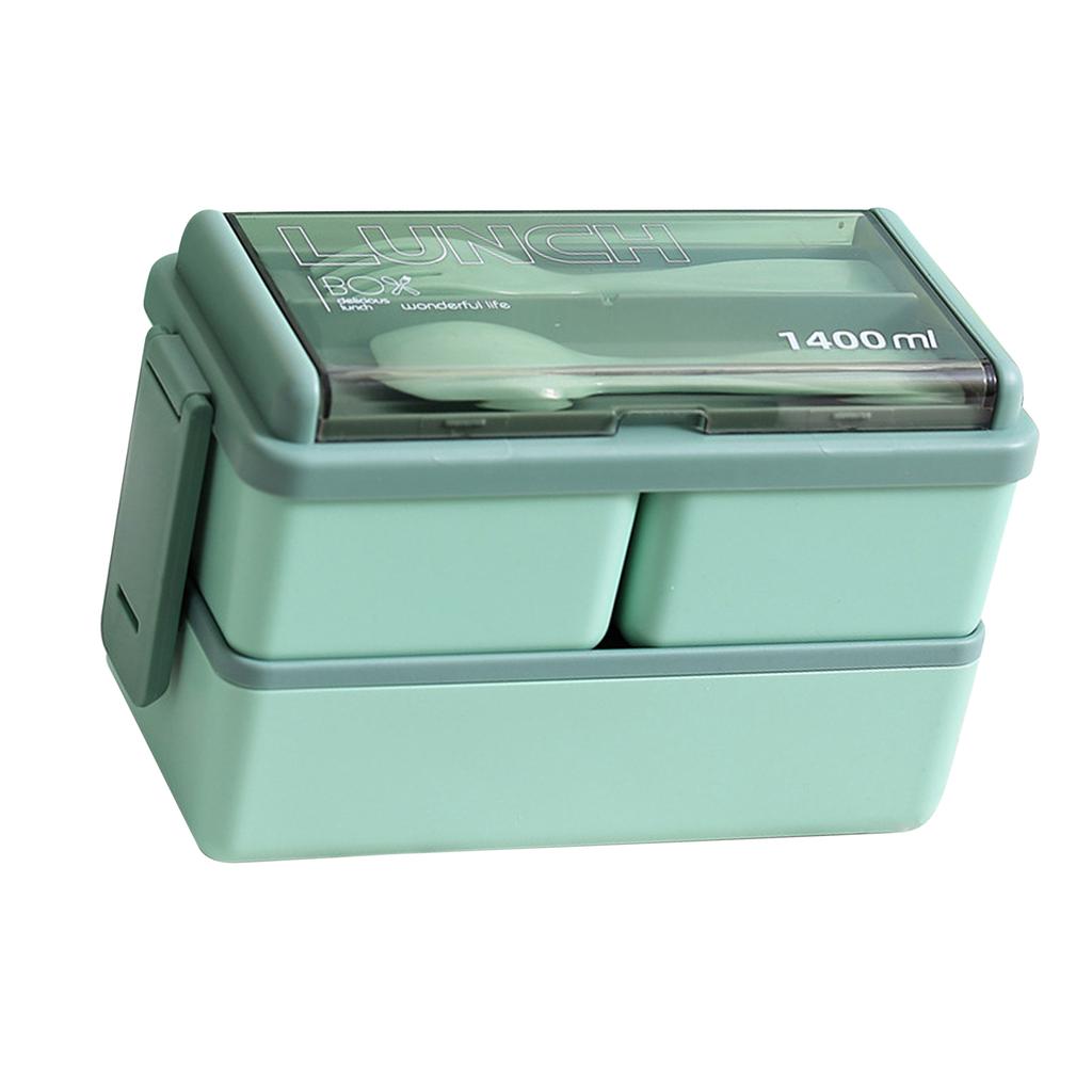 Bento Box Two Layers Green with Divider Food Grade Plastics Microwave Safe Lunch Container for