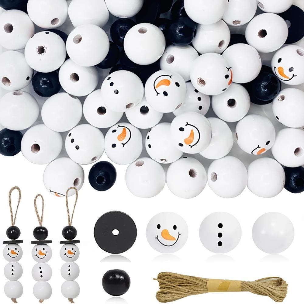 Christmas Snowman Wooden Beads Set DIY Xmas Tree Hanging Pendants Winter Santa Ornaments Creative Handmade Wood Loose Bead Decor