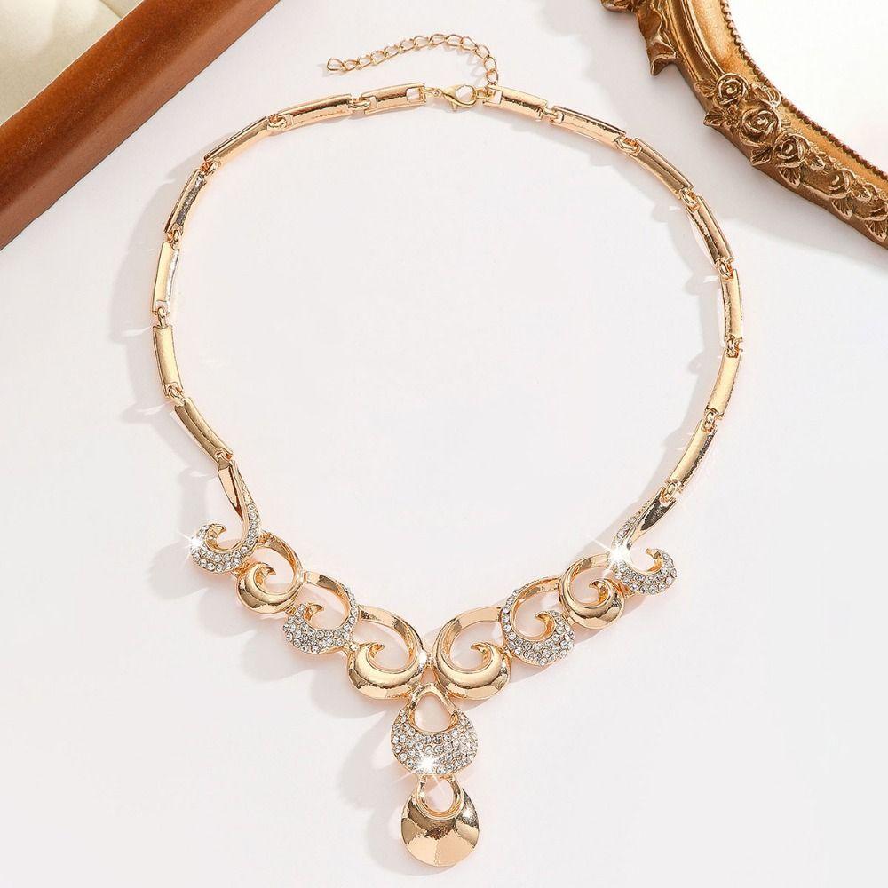Rhinestone Inlaid Necklace Earrings Set Hollowed-out Women Jewelry Set  Wedding