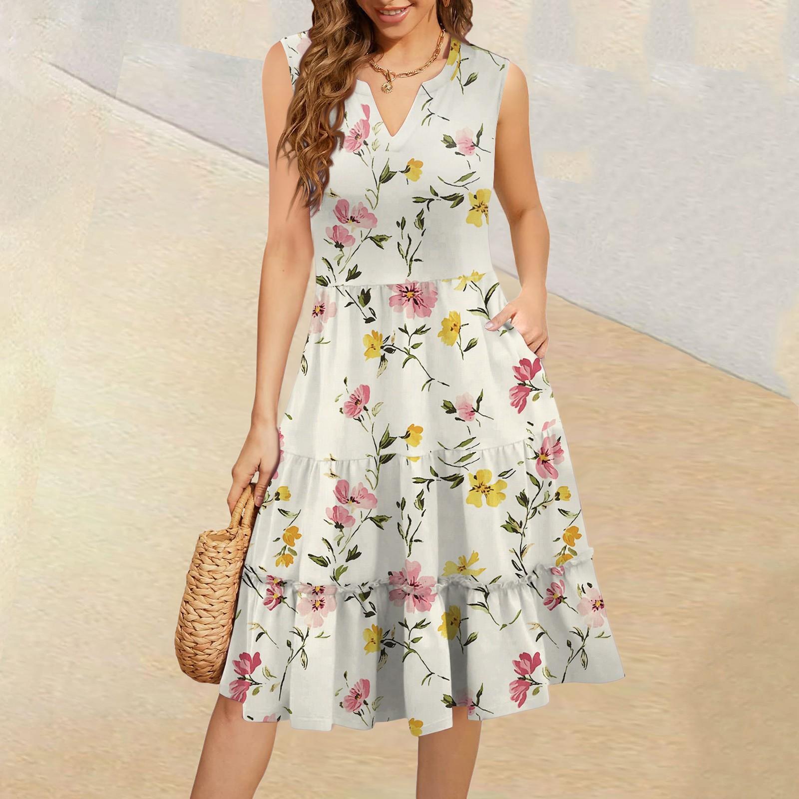 

Женские летние повседневные платья без рукавов с V-образным вырезом и плиссированными оборками в винтажном стиле с цветочным принтом XL жёлтый