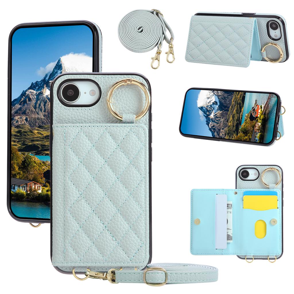 Für iPhone 16e Hülle Ständer Rautenmuster Leder+TPU Handyhülle mit Schultergurt