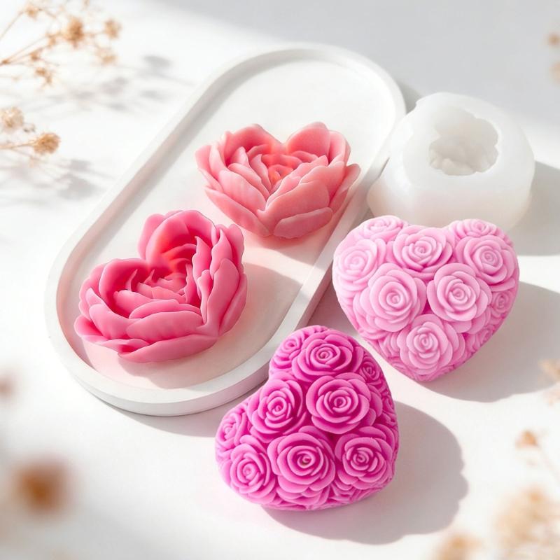 2Pcs Flower Heart Silicone Molds Food Grade Silicone Temperature Resistant for Candle Soap Chocolate Cake Baking Molds