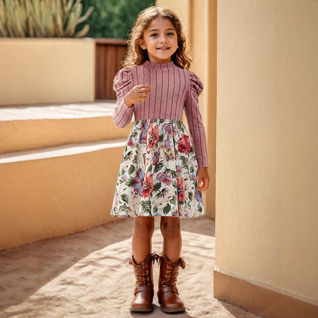 

Милое платье для девочек с цветочным принтом, длинными рукавами и воротником-стойкой, с рукавами-фонариками 5-6Y