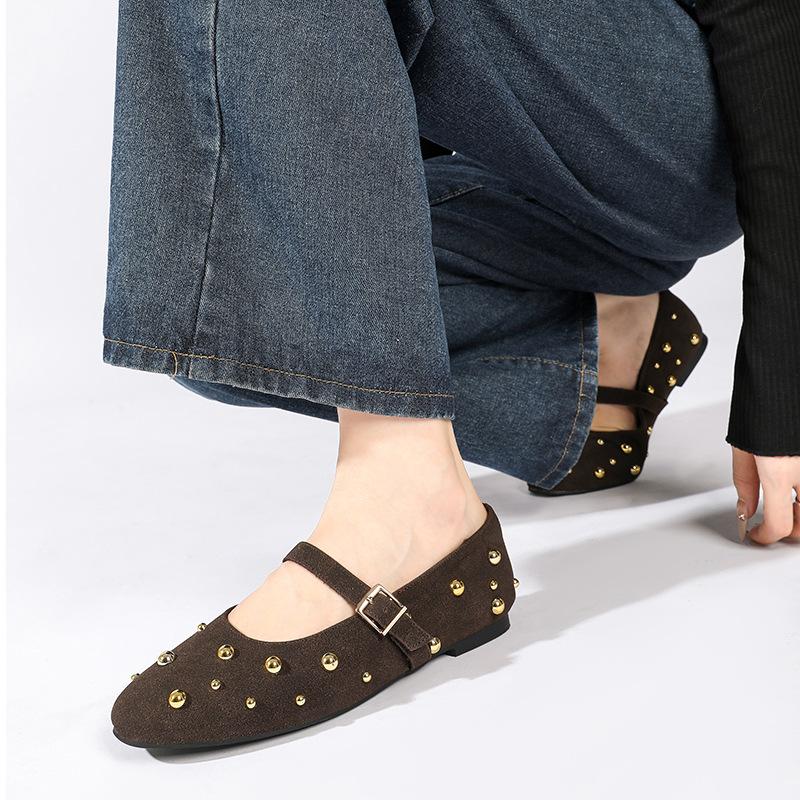 Round Toe Rivet Mary Janes Shoes Women Spring Autumn Buckle Strap Ballet Flats Shoes Female Elegant Daily Loafers Footwear