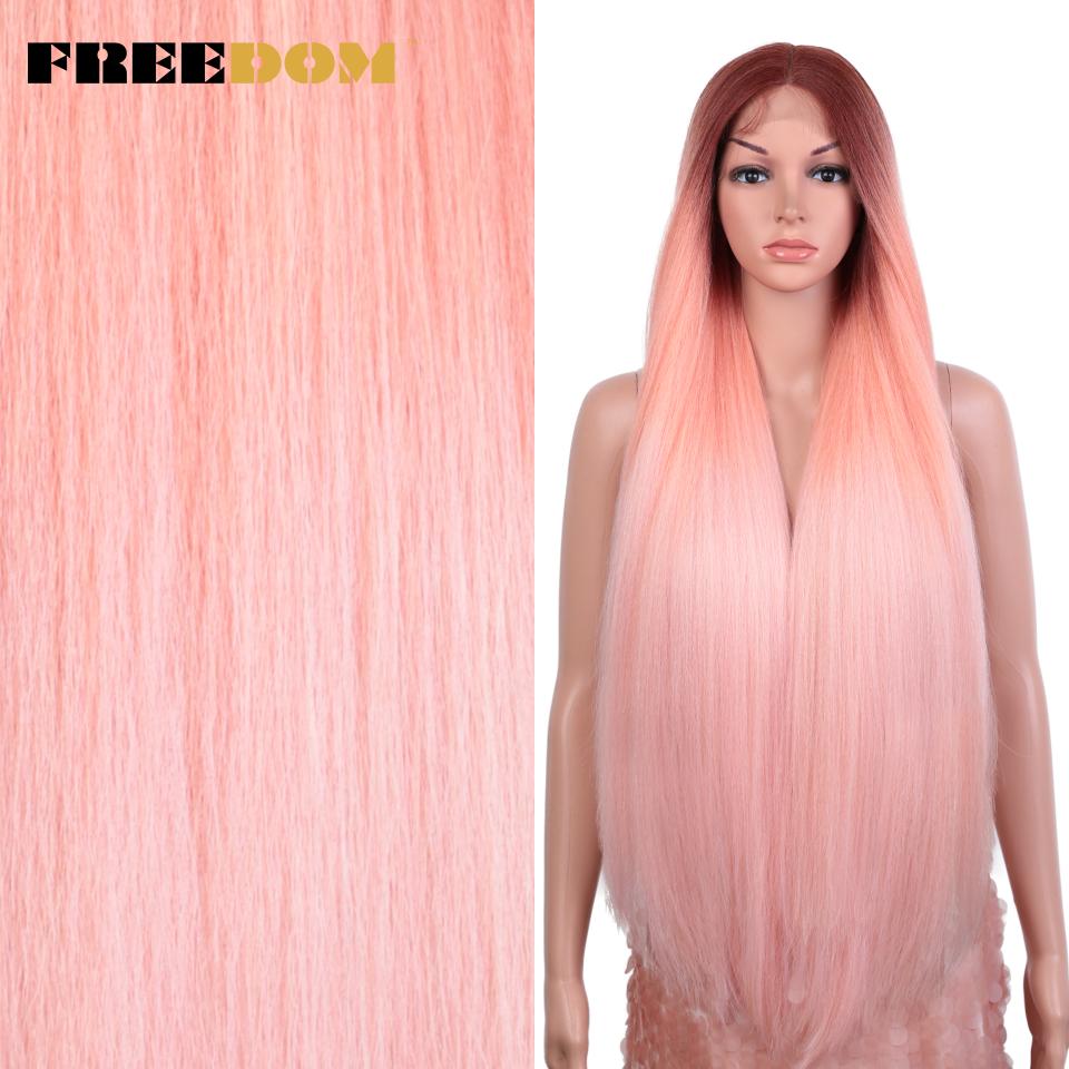 FREEDOM Yaki Straight Synthetic Lace Wigs For Women Ombre Brown Handtied Lace Wig 36 Inch Middle Part Long Blue Pink Cosplay Wig (as the picture,36inches)