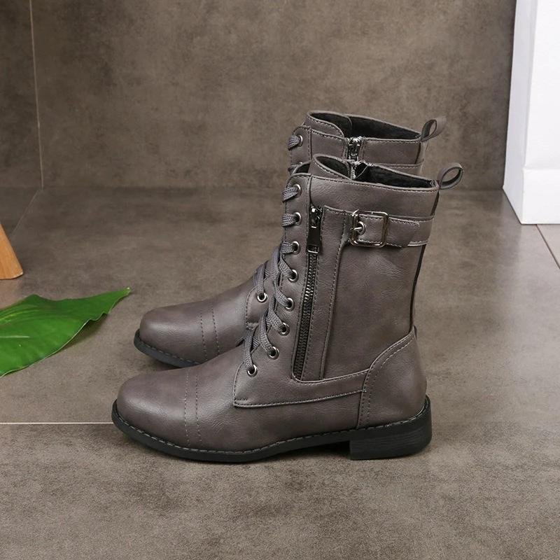 

New plus size women s shoes round toe thick heel lace up side zipper solid color middle tube women Everyday Use 39