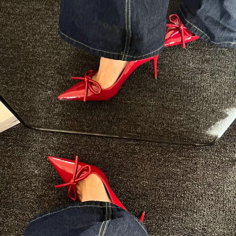 Fashion Instagram Style ~ Pointed-Toe High Heels, Sexy Red Bow Single Shoes, Open Back, French Toe Cap Sandals, Women'S Thin Heels