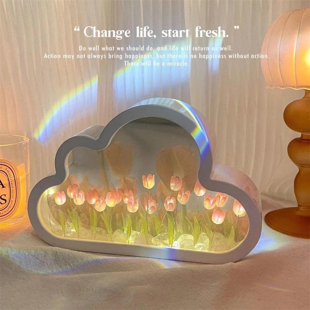 DIY Tulip espejo tulipan Night Light Simulation Flower Bedroom Sleeping Table Lamp Home Mirror Decoration Cloud Tulip Mirror