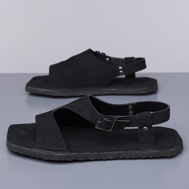Men Black Sandals Slippers Handmade Simple Flats Summer Roman Sandals Open Toe Beach Shoes Plus Size