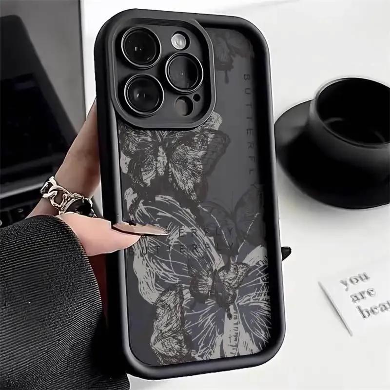Premium Korea Style Case for iPhone 15 Pro Max 14 13 12 11 Xsmax XR- Art Oil Painting Butterfly Soft Phone Case for Women Girls Lady Full Body