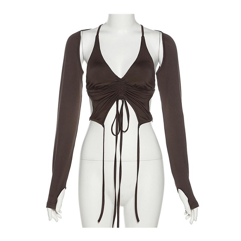 

Y2k Streetwear 2 шт. Длинный рукав халтер укороченный топ сексуальные модные нерегулярные спинки женские футболки эстетичные L коричневый