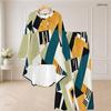 Women Plus Size Printed Round Neck Long Sleeve High Low Top Wide Leg Pants Two Piece Set