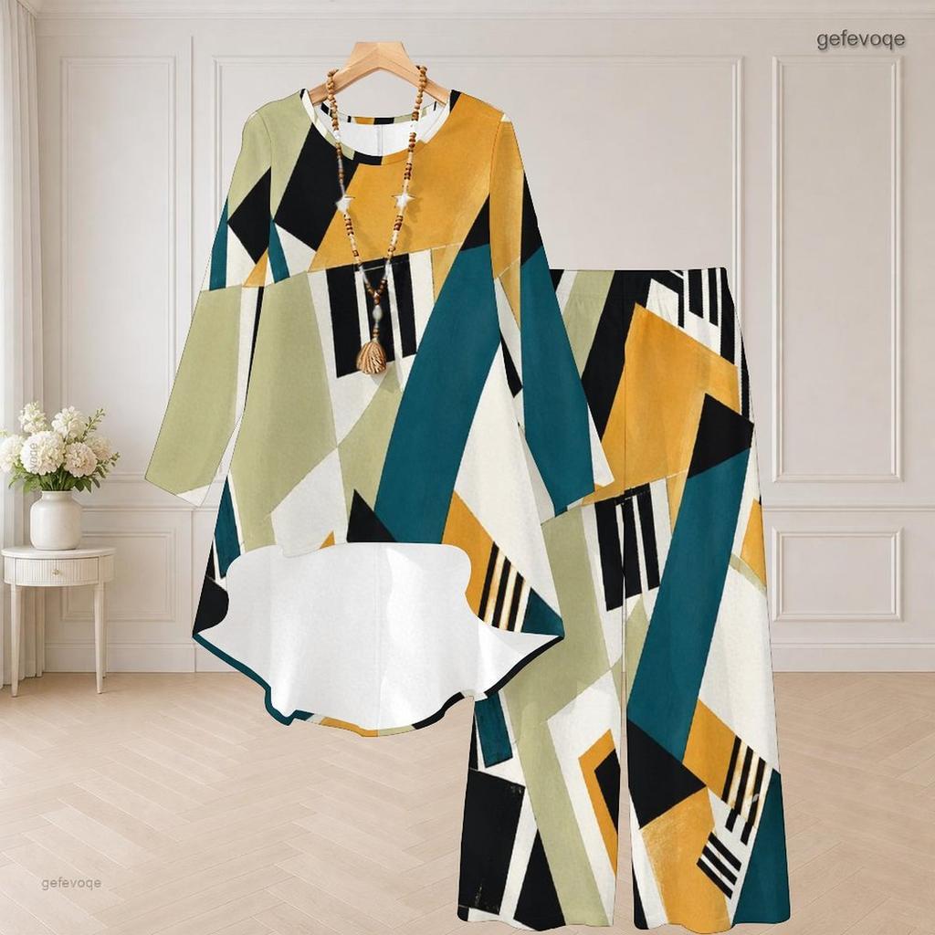 Women Plus Size Printed Round Neck Long Sleeve High Low Top Wide Leg Pants Two Piece Set