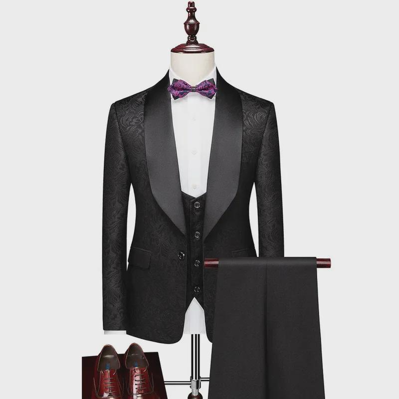 2023 Men's Green Collar Jacquard Suit, Single Button, 3-Piece, Large Size, Ideal for Weddings and Special Occasions.