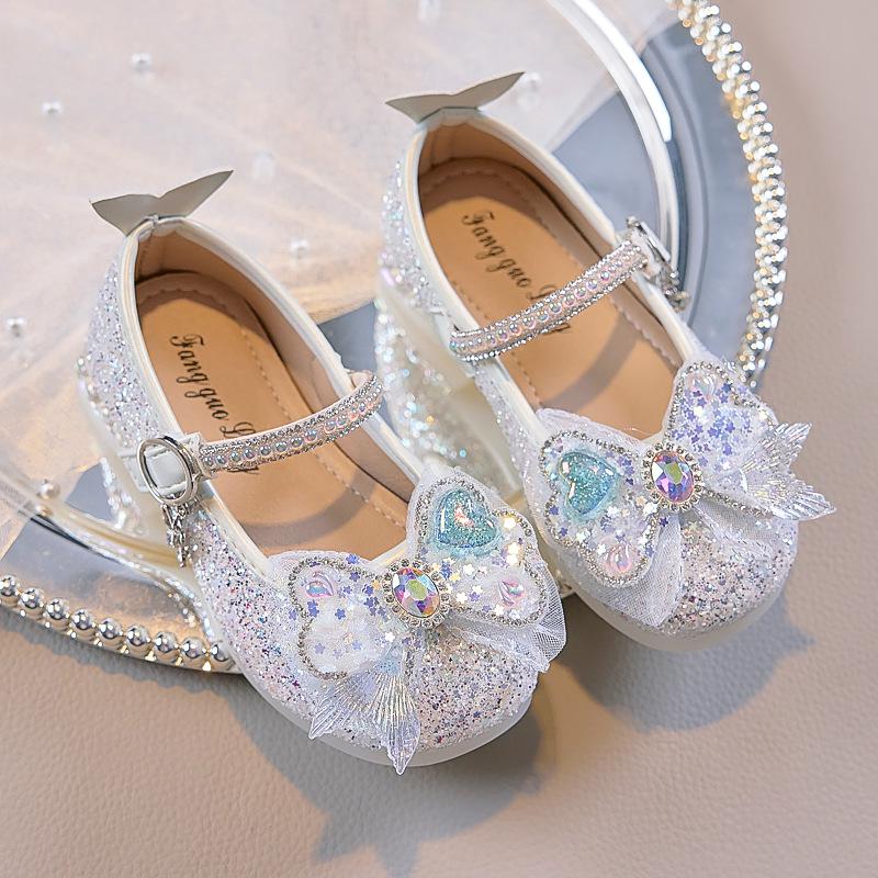 Nuove Scarpe Principessa Coda di Sirena di Cristallo 2025 per Bambine con Suola Morbida e Tacco Alto, Perfette per Abiti da Sera