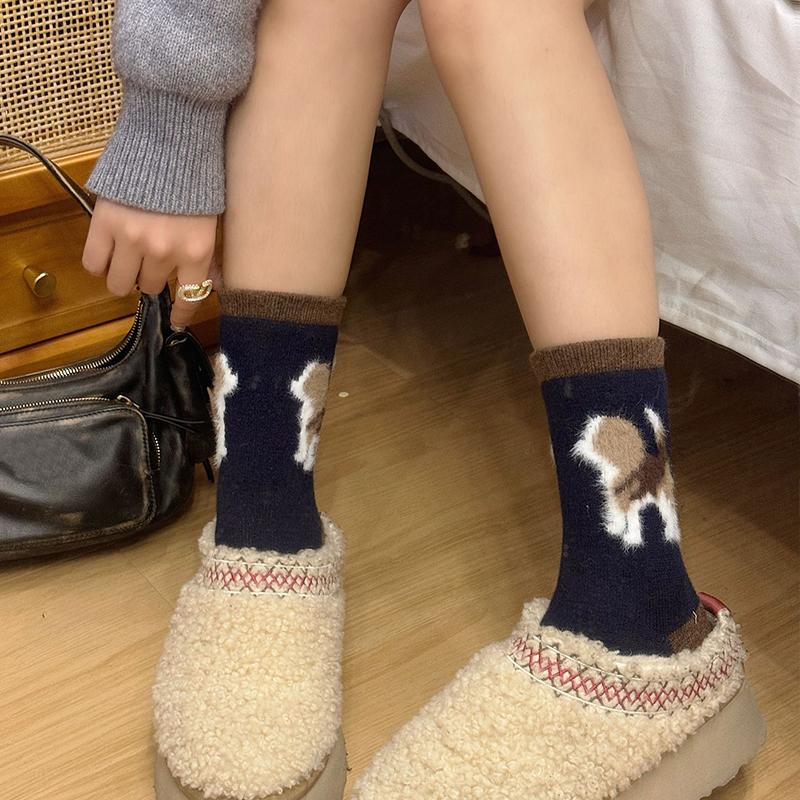 Spring and Autumn Cotton Wool Puppy Cartoon Socks Cute Style Plush Academy Style Color Blocked Stacking Socks