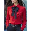 New Autumn Plain-color Lace-up Bow and Ruffled Hem Design Blouse for Women