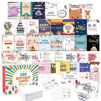 Feela Birthday Cards - Happy Birthday Cards - 40 Designs, 160 Cards - Cute Patterns, Envelopes, Envelope Stickers, Masking Tape Included - Message Car