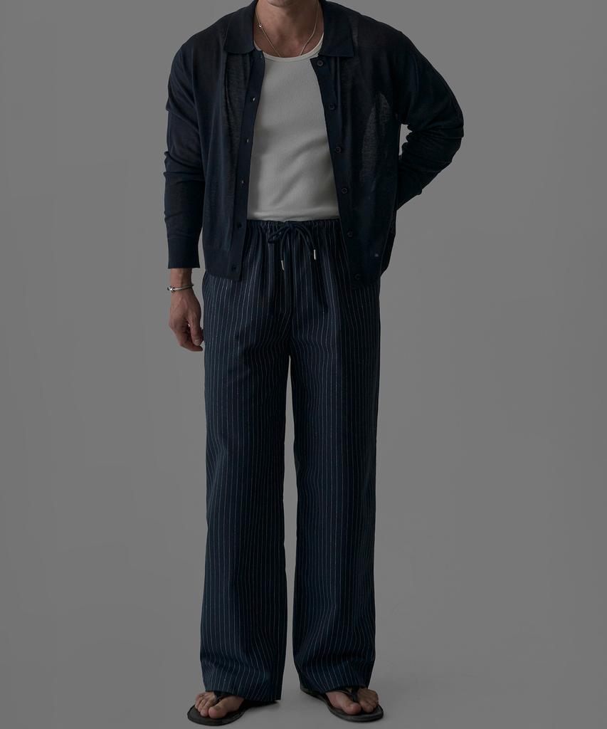 Baulopeulodeogteu Linen Striped Elastic Waist Pants [Navy]
