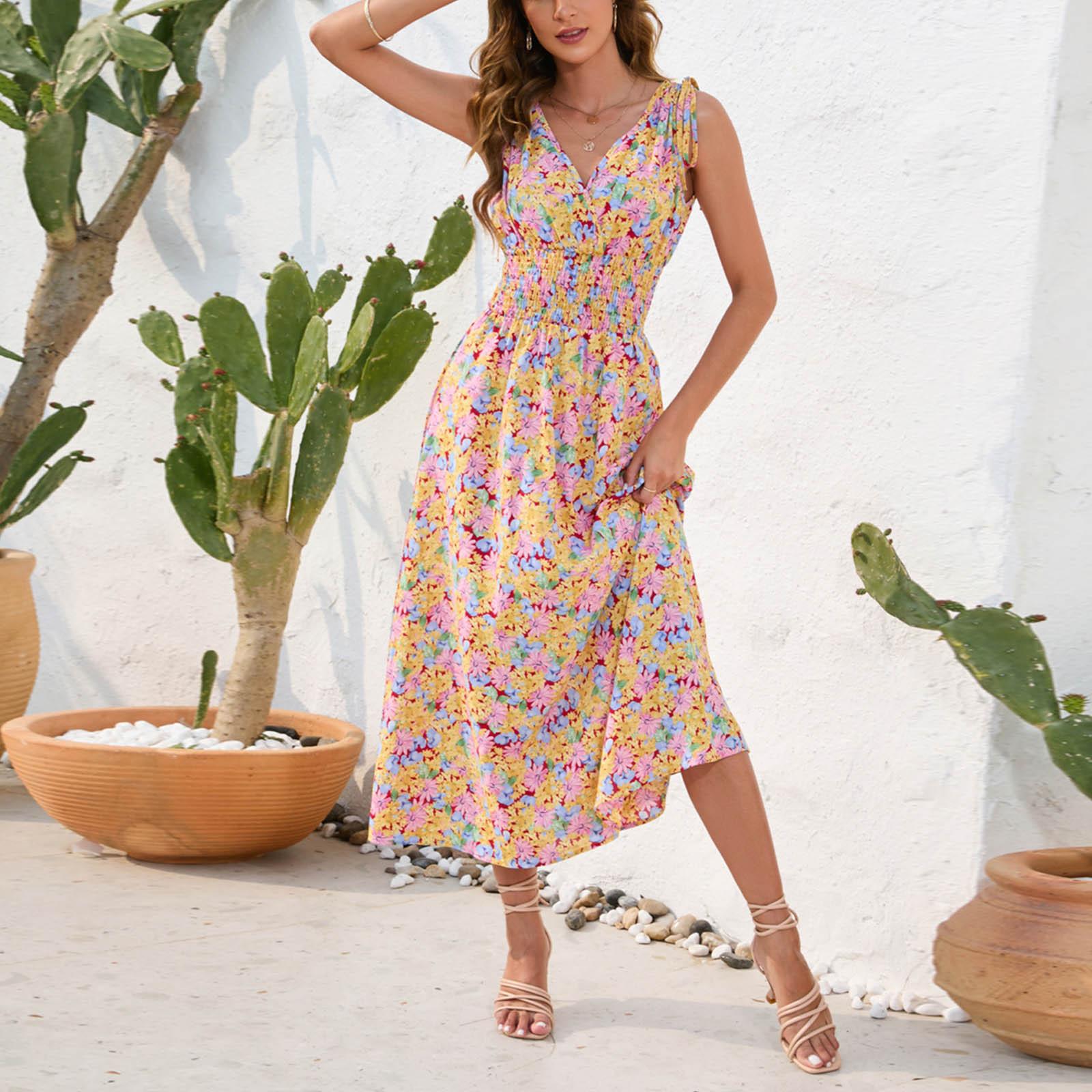 

Летнее женское повседневное платье для отдыха с v-образным вырезом и цветочным принтом на поясе с короткими рукавами S жёлтый