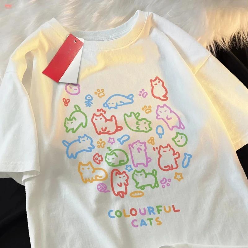 Colorful Cat Baby Fashion Loose Short Sleeved Tshirt for Unisex and Women Original Colorful Cat Posture Cute Tees Couple Top