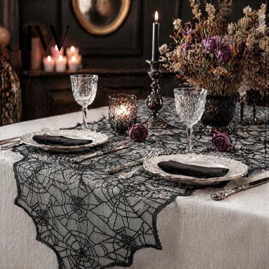 Decorative Table Accessories Spider Web Runner, Black Lace Gothic Party Decor Cobweb Runner for Halloween Dining Decoration Spooky Home