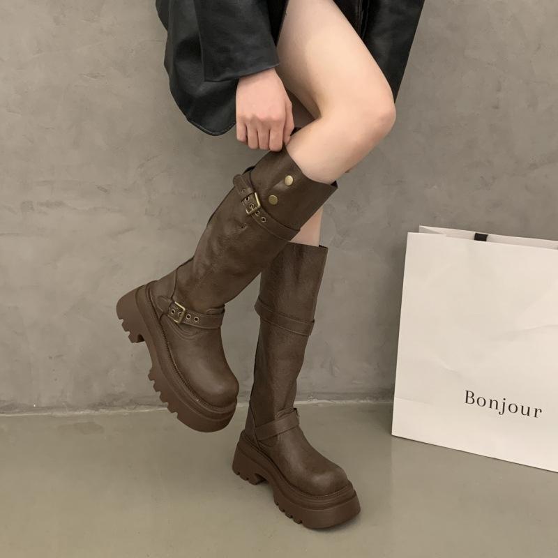2025 autumn new retro thick-soled Maillard boots trendy belt buckle high tube but knee knight boots women