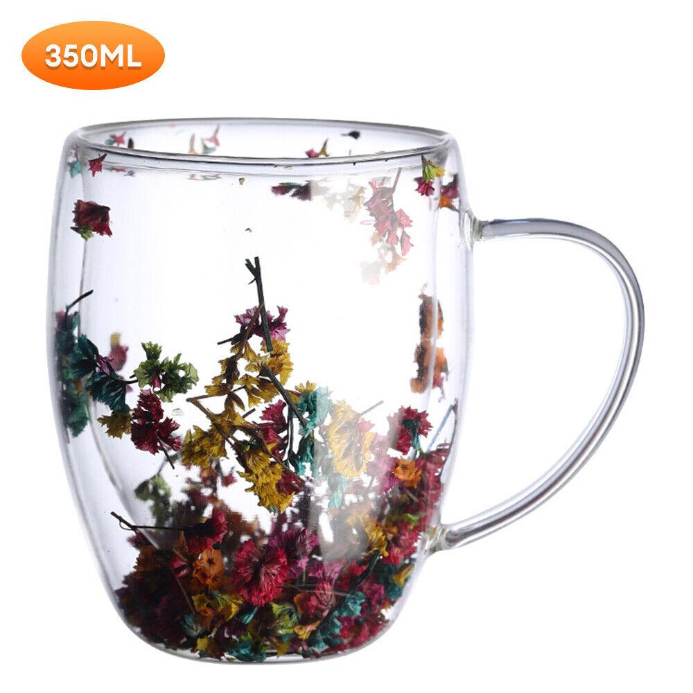250/350Ml Fillings Dry Flowers Double Wall Glass Cup with Handle Heat Resistant Tea Coffee Mug Cups Espresso Milk Mug Gift