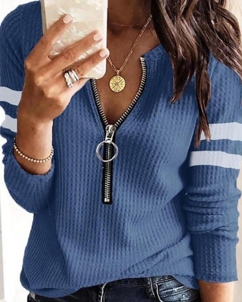 Damenmode, einfarbig, V-Ausschnitt, Reißverschluss, lässig, lange Ärmel, Basic-Top, Bluse in Übergröße