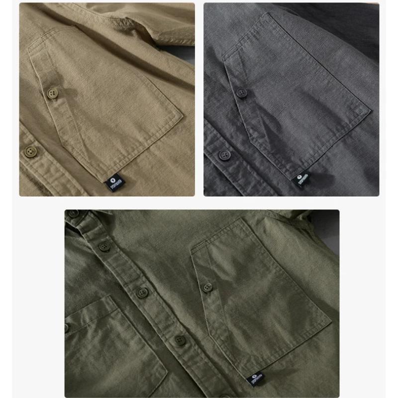 Retro Style Cargo Shirts for Men Spring/autumn Casual 100Cotton Long Sleeve Solid Color Shirt with Pocket Korean Fashion Youth Men Clothing