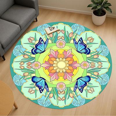1pc Butterfly Flowers Round Chair Mat Area Rug - Non-Slip, Floor Mat for Office, Bedroom, and Indoor Decor -100909