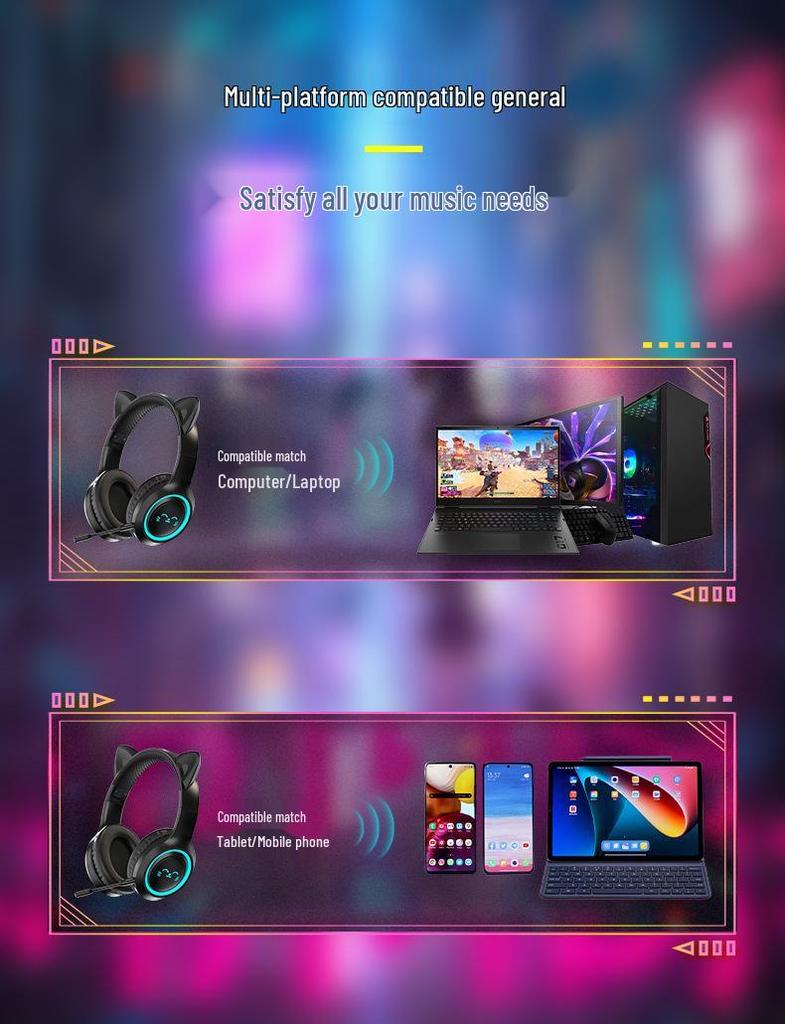 BH-300 Cat Ear Light-Up Bluetooth Headphones with Microphone for Live Streaming