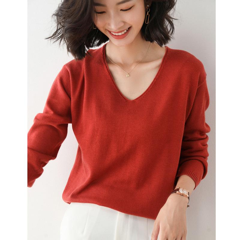 Spring and Autumn Knitwear Women's Round/V Neck Loose Sweater Women's All-match Bottoming Shirt Comfortable Women's Clothing