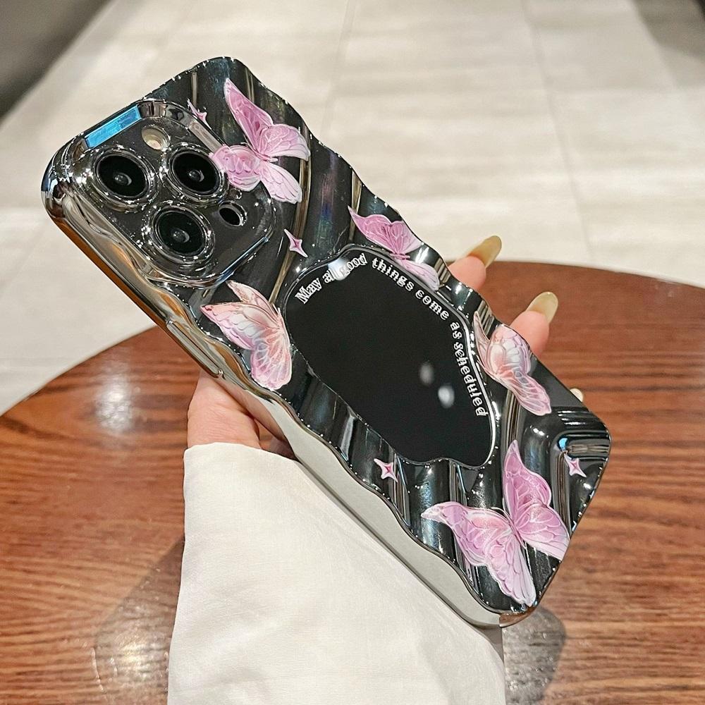 Cute Butterfly Makeup Mirror Wavy Phone Case For iPhone 16 15 14 13 12 11 Pro Max XS X XR 8 7 SE Plating Shockproof Bumper Cover