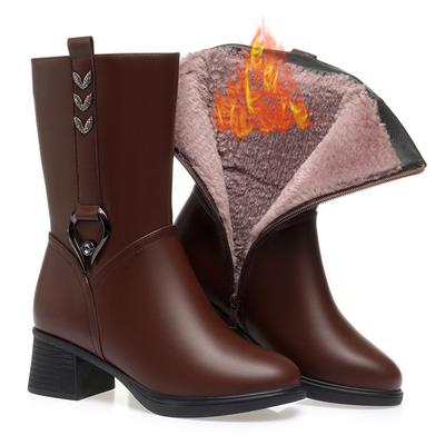 High Boot For Women Black Brown  Leather High Heel Women's Shoes Mid-calf Boots Non Slip Thick Plush Female Winter Boots