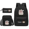 Pusheen Fat Ji Cat Three-Piece School Bag Casual Male And Female Students Backpack Printed Large Capacity Outdoor Backpack
