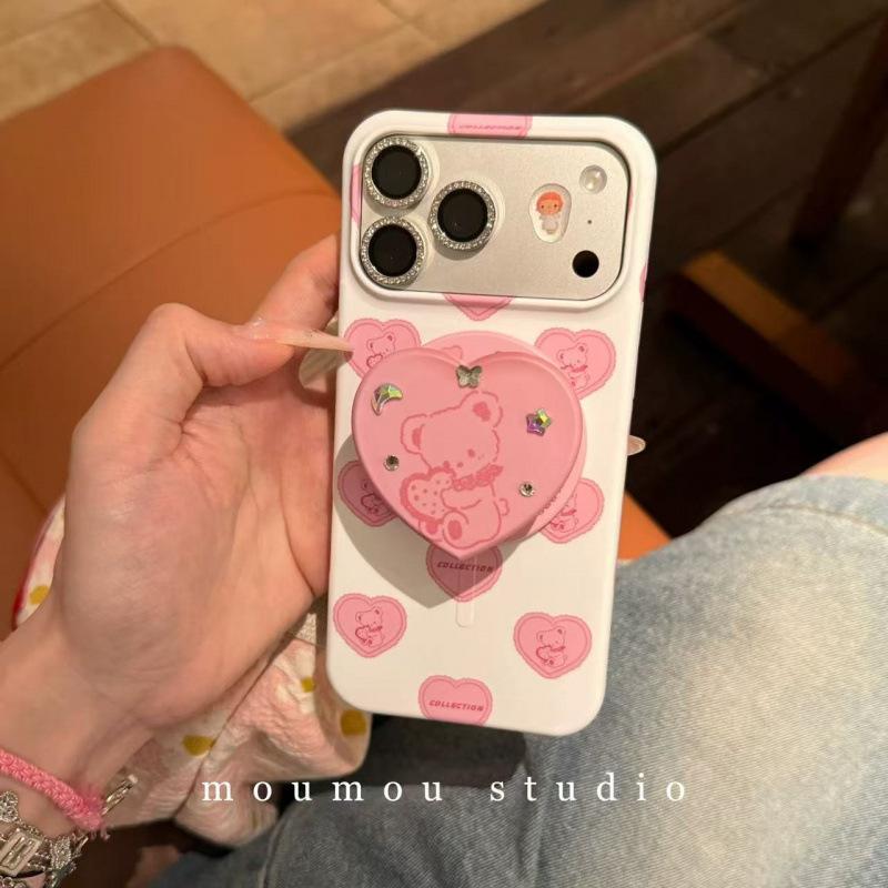 Girl heart pink love bear magnetic suction bracket for iPhone17promax Apple 16 mobile phone case 15 women