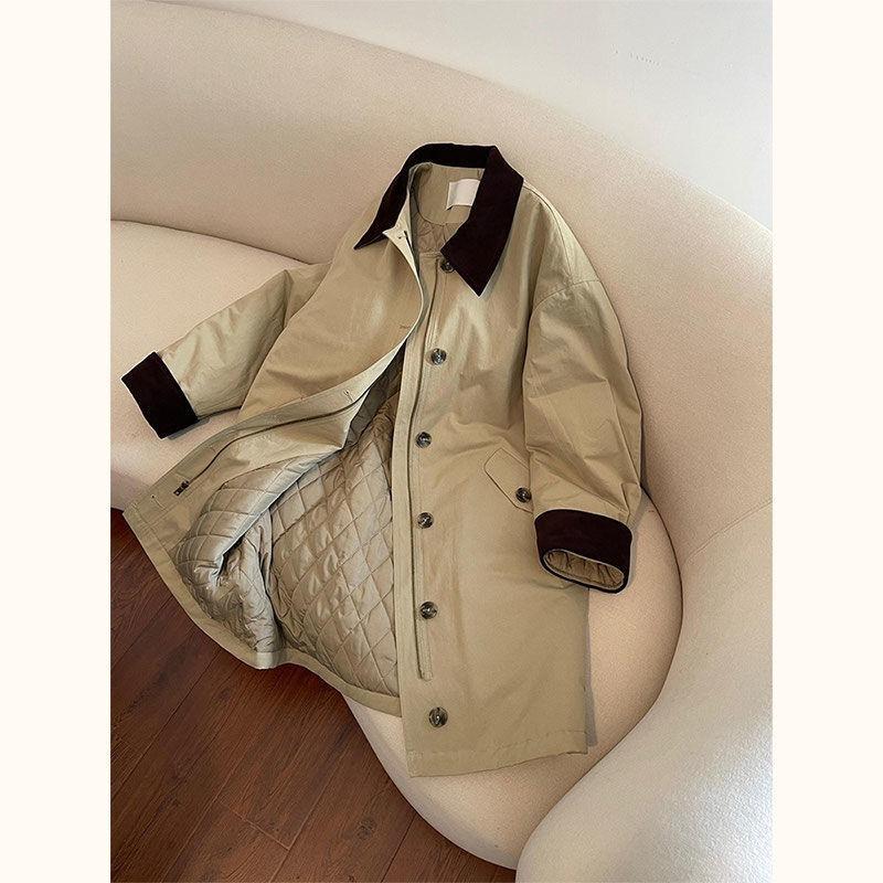 Casual simple lapel cotton clothes autumn and winter loose version contrasting collar pocket medium and long khaki trench coat