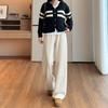 Women's Mid Rise Wide Leg Pants Straight Leg Trousers Winter Regular Weight Wool Blend Fleece Lined Commuter Loose Casual Pants With Irregular Detail