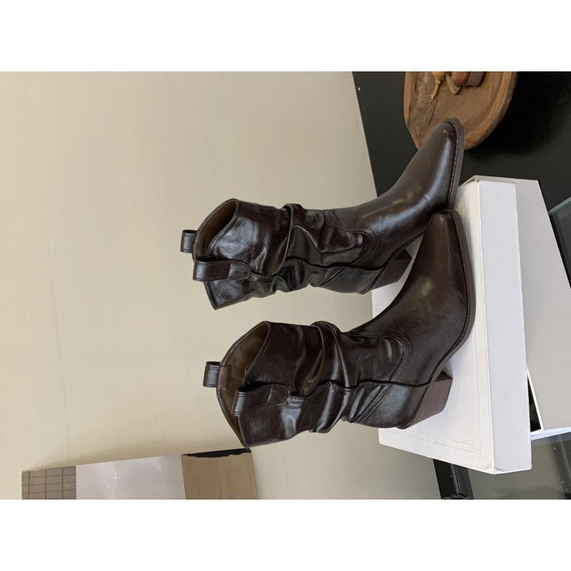 High-heeled boots retro stacking boots V-mouth Martin boots women's shoes 2025 autumn and winter new brown pointed short boots