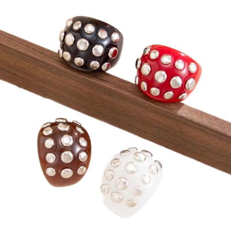 New Fashion Resin Acrylic Geometric Adjustable Ring for Women Punk Silver Color Rivet Big Thick Rings Gothic Jewelry